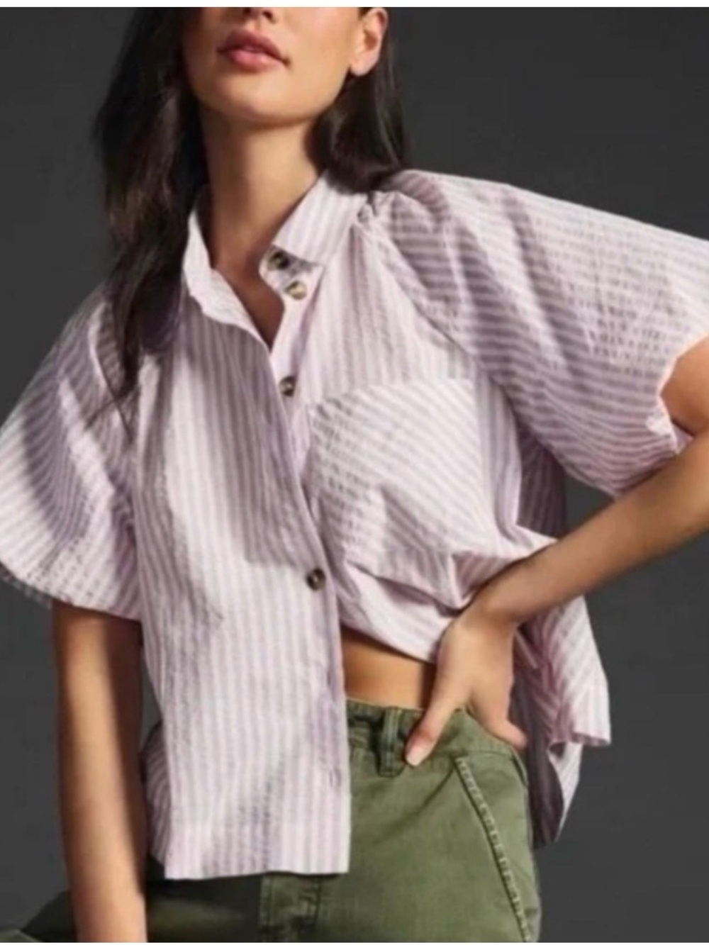 Maeve Lavender Striped Zooey Bubble Sleeve Button-Up Top Anthropologie